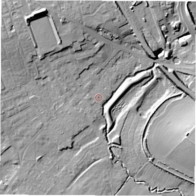 Shaded relief map of the ground around WF15BQ, computed from Environment Agency LiDAR. The ground here sits at about 23 m above sea level and falls 16 m across the surrounding 800 m. Surface water reaching this point runs off ground lying to the east-south-east, 14.6 m higher.