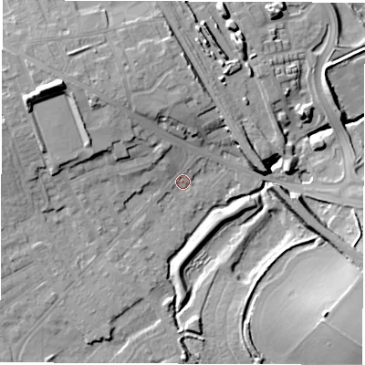 Shaded relief map of the ground around WF15BY, computed from Environment Agency LiDAR. The ground here sits at about 23 m above sea level and falls 17 m across the surrounding 800 m. Surface water reaching this point runs off ground lying to the north-west, 11.5 m higher.