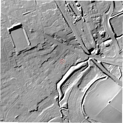 Shaded relief map of the ground around WF15BZ, computed from Environment Agency LiDAR. The ground here sits at about 23 m above sea level and falls 17 m across the surrounding 800 m. Surface water reaching this point runs off ground lying to the north-west, 12.6 m higher.