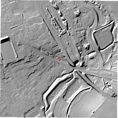 Shaded relief map of the ground around WF15DA, computed from Environment Agency LiDAR. The ground here sits at about 24 m above sea level and falls 17 m across the surrounding 800 m. Surface water reaching this point runs off ground lying to the west-north-west, 11.6 m higher.