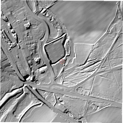Shaded relief map of the ground around WF15DB, computed from Environment Agency LiDAR. The ground here sits at about 22 m above sea level and falls 26 m across the surrounding 800 m. Surface water reaching this point runs off ground lying to the west-north-west, 12.8 m higher.