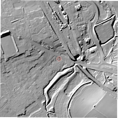 Shaded relief map of the ground around WF15DF, computed from Environment Agency LiDAR. The ground here sits at about 23 m above sea level and falls 18 m across the surrounding 800 m. Surface water reaching this point runs off ground lying to the west-north-west, 13.1 m higher.