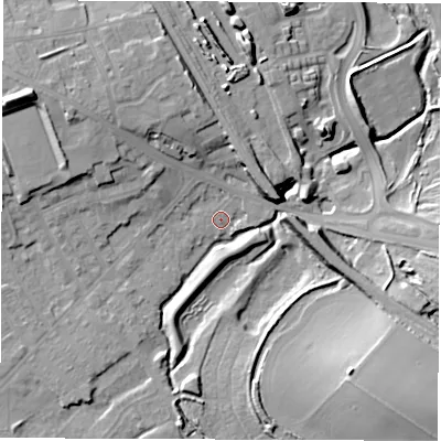 Shaded relief map of the ground around WF15DG, computed from Environment Agency LiDAR. The ground here sits at about 23 m above sea level and falls 18 m across the surrounding 800 m. Surface water reaching this point runs off ground lying to the south-west, 2.2 m higher.