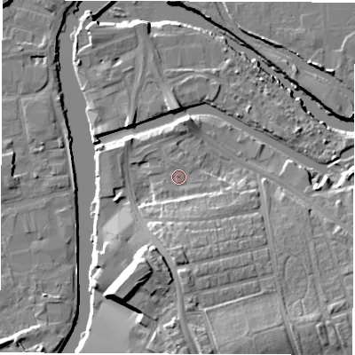 Shaded relief map of the ground around WF15DH, computed from Environment Agency LiDAR. The ground here sits at about 25 m above sea level and falls 17 m across the surrounding 800 m. Surface water reaching this point runs off ground lying to the south, 7.3 m higher.