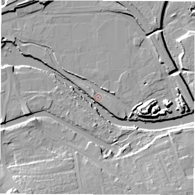 Shaded relief map of the ground around WF15DJ, computed from Environment Agency LiDAR. The ground here sits at about 23 m above sea level and falls 14 m across the surrounding 800 m. Surface water reaching this point runs off ground lying to the south-east, 12.3 m higher.
