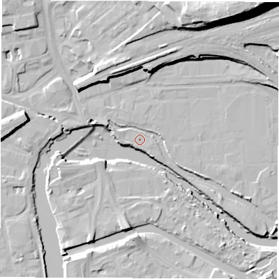 Shaded relief map of the ground around WF15DL, computed from Environment Agency LiDAR. The ground here sits at about 23 m above sea level and falls 32 m across the surrounding 800 m. Surface water reaching this point runs off ground lying to the west-north-west, 1.9 m higher.
