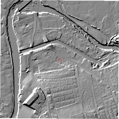 Shaded relief map of the ground around WF15DP, computed from Environment Agency LiDAR. The ground here sits at about 24 m above sea level and falls 17 m across the surrounding 800 m. Surface water reaching this point runs off ground lying to the south, 11.0 m higher.
