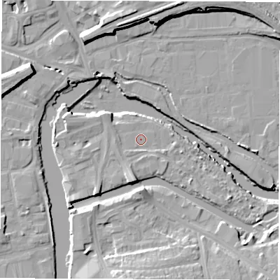 Shaded relief map of the ground around WF15DR, computed from Environment Agency LiDAR. The ground here sits at about 23 m above sea level and falls 12 m across the surrounding 800 m. Surface water reaching this point runs off ground lying to the south-south-west, 2.3 m higher.