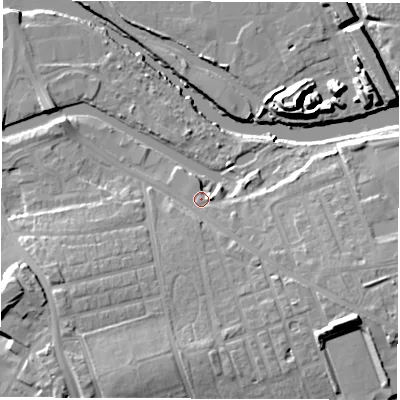 Shaded relief map of the ground around WF15DT, computed from Environment Agency LiDAR. The ground here sits at about 25 m above sea level and falls 17 m across the surrounding 800 m. Surface water reaching this point runs off ground lying to the south-east, 7.2 m higher.