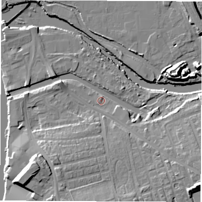 Shaded relief map of the ground around WF15DW, computed from Environment Agency LiDAR. The ground here sits at about 23 m above sea level and falls 17 m across the surrounding 800 m. Surface water reaching this point runs off ground lying to the east-south-east, 9.6 m higher.