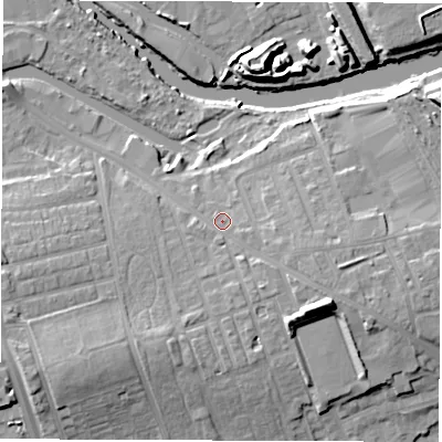 Shaded relief map of the ground around WF15DY, computed from Environment Agency LiDAR. The ground here sits at about 27 m above sea level and falls 16 m across the surrounding 800 m. Surface water reaching this point runs off ground lying to the south-east, 8.0 m higher.