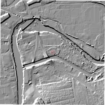 Shaded relief map of the ground around WF15ED, computed from Environment Agency LiDAR. The ground here sits at about 24 m above sea level and falls 16 m across the surrounding 800 m. Surface water reaching this point runs off ground lying to the north-north-west, 0.9 m higher.