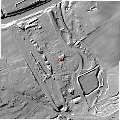 Shaded relief map of the ground around WF15FG, computed from Environment Agency LiDAR. The ground here sits at about 28 m above sea level and falls 26 m across the surrounding 800 m. Surface water reaching this point runs off ground lying to the north-north-east, 5.9 m higher.