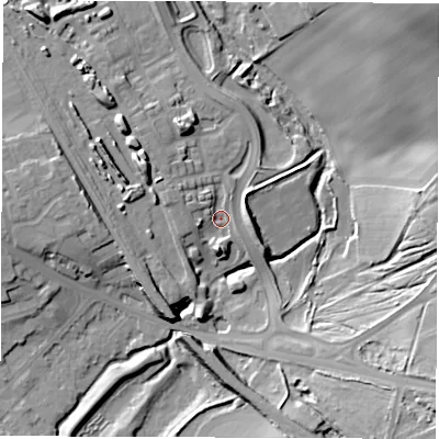 Shaded relief map of the ground around WF15FH, computed from Environment Agency LiDAR. The ground here sits at about 24 m above sea level and falls 25 m across the surrounding 800 m. Surface water reaching this point runs off ground lying to the south, 4.6 m higher.