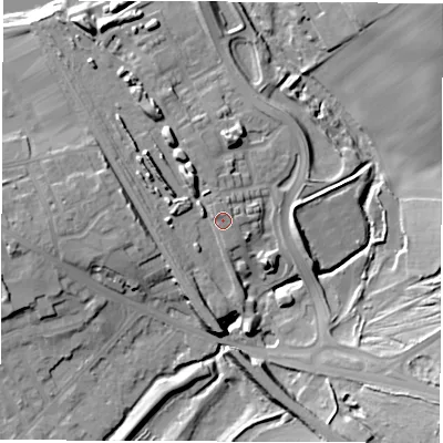 Shaded relief map of the ground around WF15FJ, computed from Environment Agency LiDAR. The ground here sits at about 28 m above sea level and falls 22 m across the surrounding 800 m. Surface water reaching this point runs off ground lying to the north-west, 6.6 m higher.