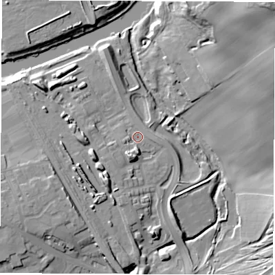 Shaded relief map of the ground around WF15FN, computed from Environment Agency LiDAR. The ground here sits at about 24 m above sea level and falls 30 m across the surrounding 800 m. Surface water reaching this point runs off ground lying to the south-south-west, 7.5 m higher.
