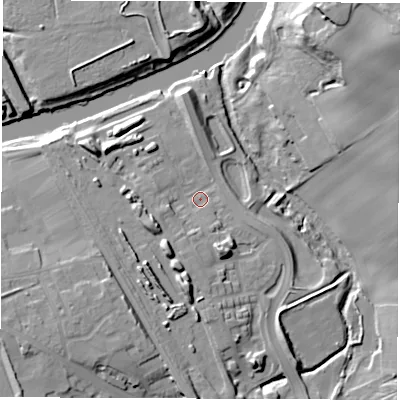 Shaded relief map of the ground around WF15FP, computed from Environment Agency LiDAR. The ground here sits at about 24 m above sea level and falls 29 m across the surrounding 800 m. Surface water reaching this point runs off ground lying to the west-south-west, 7.0 m higher.