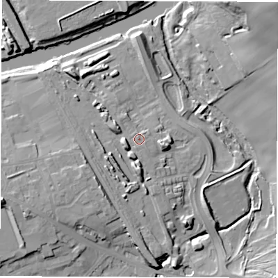 Shaded relief map of the ground around WF15FR, computed from Environment Agency LiDAR. The ground here sits at about 28 m above sea level and falls 28 m across the surrounding 800 m. Surface water reaching this point runs off ground lying to the west-south-west, 5.6 m higher.