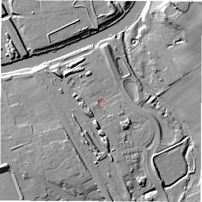 Shaded relief map of the ground around WF15FS, computed from Environment Agency LiDAR. The ground here sits at about 25 m above sea level and falls 28 m across the surrounding 800 m. Surface water reaching this point runs off ground lying to the south-west, 6.7 m higher.