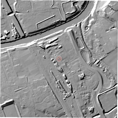Shaded relief map of the ground around WF15FU, computed from Environment Agency LiDAR. The ground here sits at about 27 m above sea level and falls 28 m across the surrounding 800 m. Surface water reaching this point runs off ground lying to the south, 4.3 m higher.