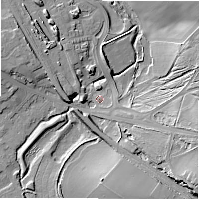 Shaded relief map of the ground around WF15FW, computed from Environment Agency LiDAR. The ground here sits at about 25 m above sea level and falls 24 m across the surrounding 800 m. Surface water reaching this point runs off ground lying to the south-east, 2.5 m higher.