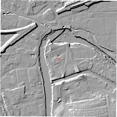 Shaded relief map of the ground around WF15FY, computed from Environment Agency LiDAR. The ground here sits at about 24 m above sea level and falls 12 m across the surrounding 800 m. Surface water reaching this point runs off ground lying to the east-south-east, 4.3 m higher.