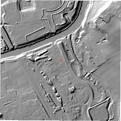 Shaded relief map of the ground around WF15GA, computed from Environment Agency LiDAR. The ground here sits at about 24 m above sea level and falls 28 m across the surrounding 800 m. Surface water reaching this point runs off ground lying to the south, 9.5 m higher.