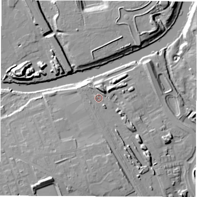 Shaded relief map of the ground around WF15GB, computed from Environment Agency LiDAR. The ground here sits at about 27 m above sea level and falls 16 m across the surrounding 800 m. Surface water reaching this point runs off ground lying to the north-west, 1.8 m higher.