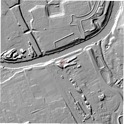 Shaded relief map of the ground around WF15GD, computed from Environment Agency LiDAR. The ground here sits at about 25 m above sea level and falls 17 m across the surrounding 800 m. Surface water reaching this point runs off ground lying to the south, 9.9 m higher.