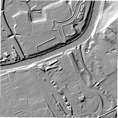 Shaded relief map of the ground around WF15GE, computed from Environment Agency LiDAR. The ground here sits at about 23 m above sea level and falls 28 m across the surrounding 800 m. Surface water reaching this point runs off ground lying to the south-west, 9.9 m higher.