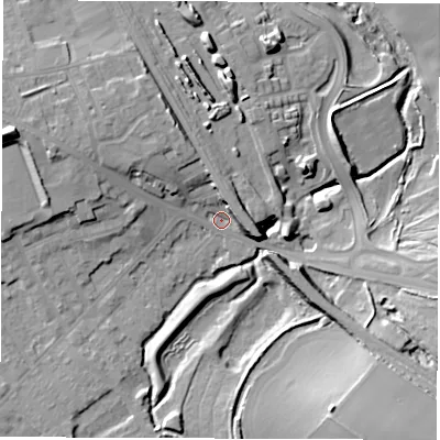 Shaded relief map of the ground around WF15HF, computed from Environment Agency LiDAR. The ground here sits at about 23 m above sea level and falls 18 m across the surrounding 800 m. Surface water reaching this point runs off ground lying to the west-north-west, 13.1 m higher.