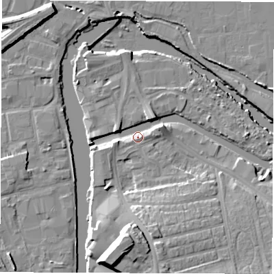 Shaded relief map of the ground around WF15JH, computed from Environment Agency LiDAR. The ground here sits at about 25 m above sea level and falls 17 m across the surrounding 800 m. Surface water reaching this point runs off ground lying to the east-north-east, 3.9 m higher.