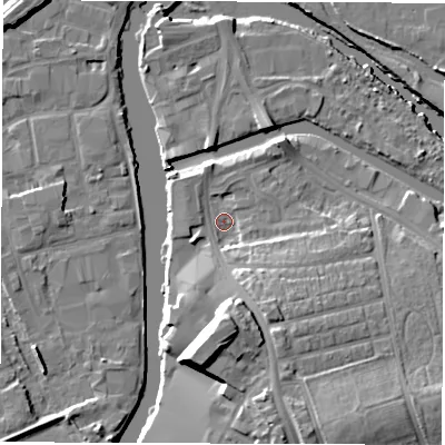 Shaded relief map of the ground around WF15JU, computed from Environment Agency LiDAR. The ground here sits at about 24 m above sea level and falls 17 m across the surrounding 800 m. Surface water reaching this point runs off ground lying to the south, 12.4 m higher.