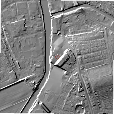 Shaded relief map of the ground around WF15JX, computed from Environment Agency LiDAR. The ground here sits at about 27 m above sea level and falls 14 m across the surrounding 800 m. Surface water reaching this point runs off ground lying to the east, 8.6 m higher.