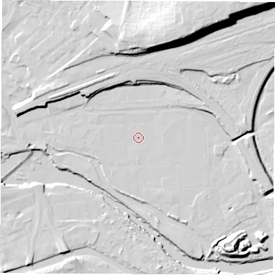 Shaded relief map of the ground around WF15PE, computed from Environment Agency LiDAR. The ground here sits at about 23 m above sea level and falls 33 m across the surrounding 800 m. Surface water reaching this point runs off ground lying to the west-south-west, 0.8 m higher.