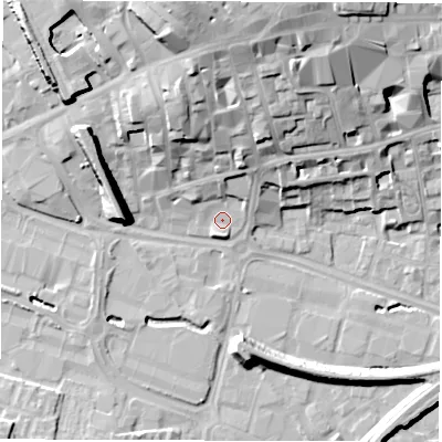 Shaded relief map of the ground around WF15PF, computed from Environment Agency LiDAR. The ground here sits at about 27 m above sea level and falls 29 m across the surrounding 800 m. Surface water reaching this point runs off ground lying to the north, 5.0 m higher.
