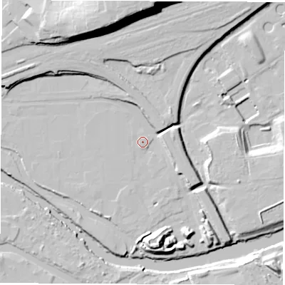 Shaded relief map of the ground around WF15PH, computed from Environment Agency LiDAR. The ground here sits at about 24 m above sea level and falls 33 m across the surrounding 800 m. Surface water reaching this point runs off ground lying to the east, 6.1 m higher.
