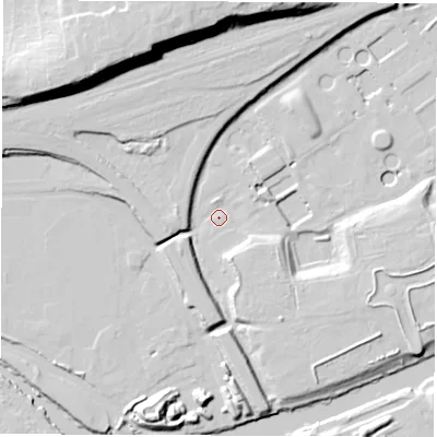 Shaded relief map of the ground around WF15PJ, computed from Environment Agency LiDAR. The ground here sits at about 22 m above sea level and falls 33 m across the surrounding 800 m. Surface water reaching this point runs off ground lying to the south-south-west, 11.8 m higher.