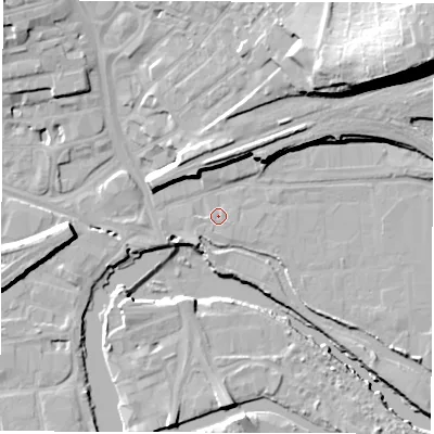 Shaded relief map of the ground around WF15PL, computed from Environment Agency LiDAR. The ground here sits at about 23 m above sea level and falls 32 m across the surrounding 800 m. Surface water reaching this point runs off ground lying to the south-east, 0.8 m higher.