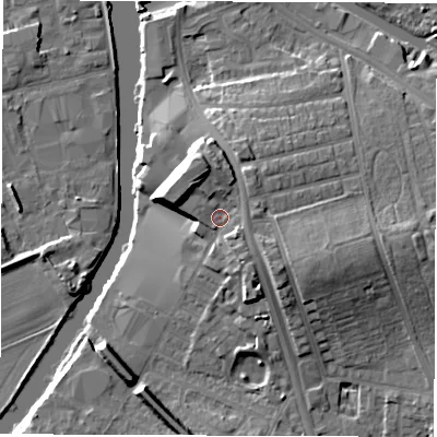Shaded relief map of the ground around WF15PN, computed from Environment Agency LiDAR. The ground here sits at about 31 m above sea level and falls 14 m across the surrounding 800 m. Surface water reaching this point runs off ground lying to the north-north-west, 4.7 m higher.