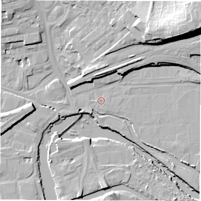 Shaded relief map of the ground around WF15PQ, computed from Environment Agency LiDAR. The ground here sits at about 23 m above sea level and falls 32 m across the surrounding 800 m. Surface water reaching this point runs off ground lying to the south-east, 0.8 m higher.