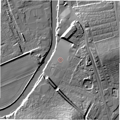 Shaded relief map of the ground around WF15PS, computed from Environment Agency LiDAR. The ground here sits at about 26 m above sea level and falls 15 m across the surrounding 800 m. Surface water reaching this point runs off ground lying to the east-north-east, 5.2 m higher.