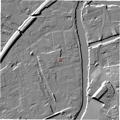 Shaded relief map of the ground around WF15QA, computed from Environment Agency LiDAR. The ground here sits at about 25 m above sea level and falls 17 m across the surrounding 800 m. Surface water reaching this point runs off ground lying to the north, 1.7 m higher.