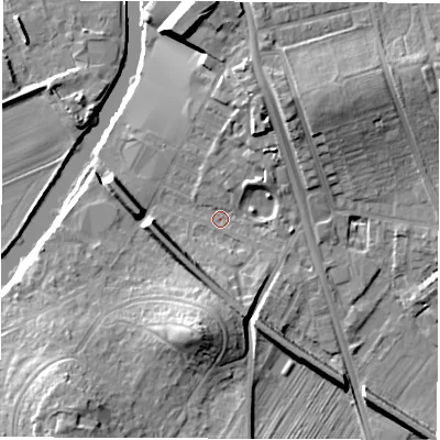 Shaded relief map of the ground around WF15QB, computed from Environment Agency LiDAR. The ground here sits at about 26 m above sea level and falls 15 m across the surrounding 800 m. Surface water reaching this point runs off ground lying to the south-west, 11.7 m higher.