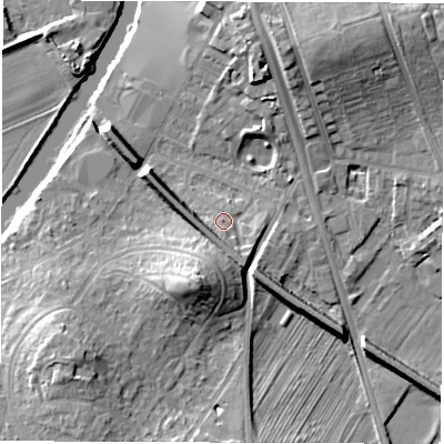 Shaded relief map of the ground around WF15QD, computed from Environment Agency LiDAR. The ground here sits at about 27 m above sea level and falls 15 m across the surrounding 800 m. Surface water reaching this point runs off ground lying to the south-south-east, 4.6 m higher.