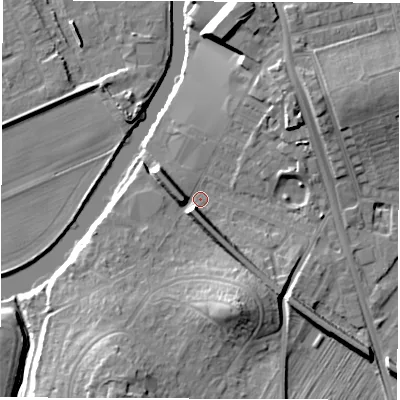 Shaded relief map of the ground around WF15QE, computed from Environment Agency LiDAR. The ground here sits at about 25 m above sea level and falls 15 m across the surrounding 800 m. Surface water reaching this point runs off ground lying to the south-south-west, 12.0 m higher.