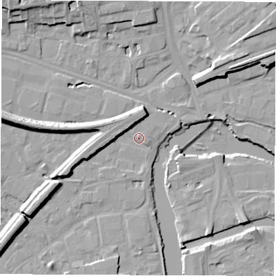 Shaded relief map of the ground around WF15QJ, computed from Environment Agency LiDAR. The ground here sits at about 24 m above sea level and falls 14 m across the surrounding 800 m. Surface water reaching this point runs off ground lying to the west, 9.9 m higher.
