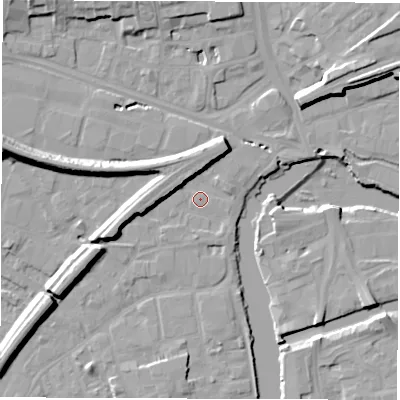 Shaded relief map of the ground around WF15QN, computed from Environment Agency LiDAR. The ground here sits at about 24 m above sea level and falls 15 m across the surrounding 800 m. Surface water reaching this point runs off ground lying to the west-north-west, 11.3 m higher.