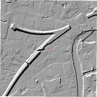 Shaded relief map of the ground around WF15QR, computed from Environment Agency LiDAR. The ground here sits at about 24 m above sea level and falls 15 m across the surrounding 800 m. Surface water reaching this point runs off ground lying to the west-north-west, 12.0 m higher.