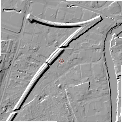 Shaded relief map of the ground around WF15QS, computed from Environment Agency LiDAR. The ground here sits at about 24 m above sea level and falls 15 m across the surrounding 800 m. Surface water reaching this point runs off ground lying to the north, 6.4 m higher.